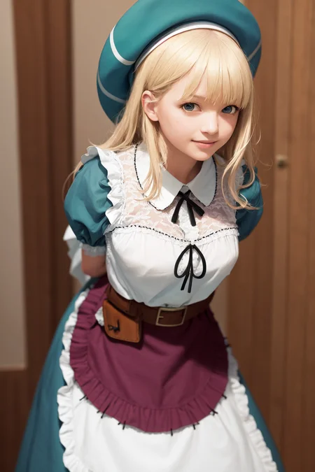 masterpiece, best quality, highres, 1girl yomi, hat dress apron <lora:yomi:1> smile, standing, leaning forward, arms behind back, photorealistic