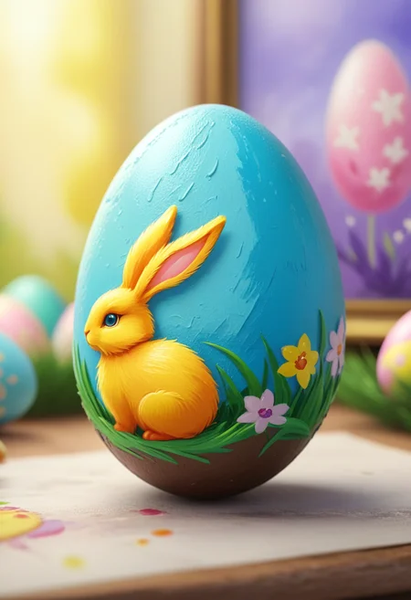 cartoon, <lora:Style_soph-IllustriousStorybook-SDXL:0.8> c0l0r, close-up, easter egg with a painting on it, ((textured brushwork)),  sharp focus, low detail, blurry foreground, 8k resolution,
