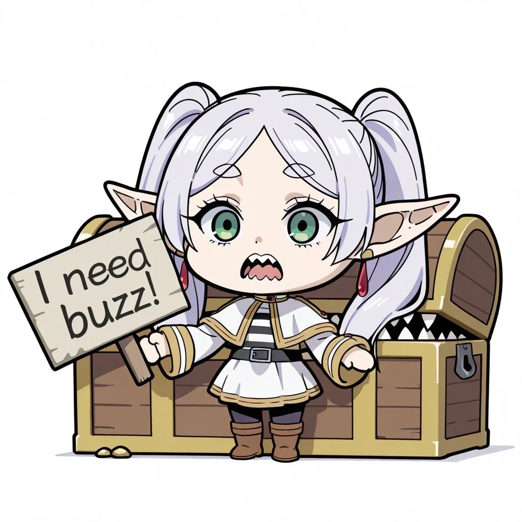 masterpiece, need_buzz, holding sign, sousou no frieren, frieren trapped inside a chest ,chibi,chibi style,  Frieren from Frieren: Beyond Journey’s End is frequently depicted  postrated in  getting caught inside a treasure chest, specifically a "mimic"—a monster disguised as a treasure chest., big teeth hungry chest, 
1girl, solo, white background, shirt, skirt, long sleeves, jewelry, pantyhose, pointy ears, parted bangs, green eyes, white hair, twintails, boots, full body, white skirt, earrings, striped shirt, sash, black pantyhose, capelet, white capelet, elf