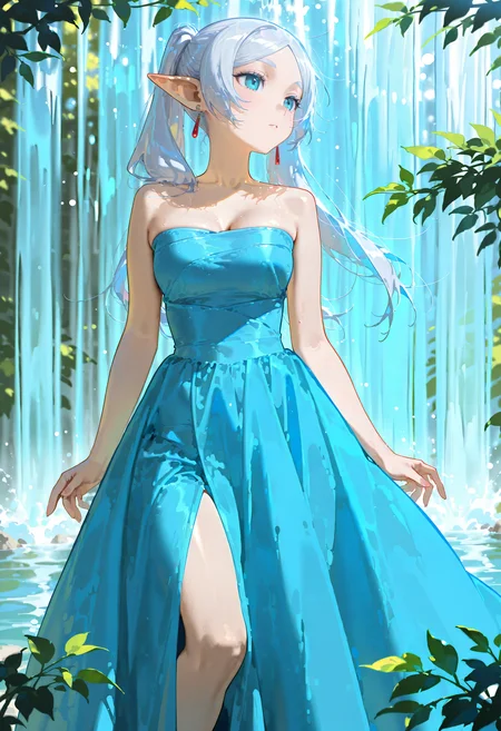1girl, solo, blue dress,bare shoulders,strapless,frieren,waterfall,