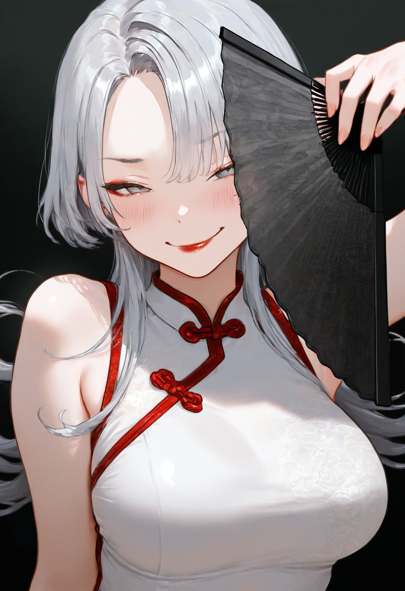 <lora:nariIL4:0.8>1girl,nar1,grey eyes,grey hair,red lips,blush,evil smile,smug,china dress,holding fan, very awa, masterpiece, best quality, amazing quality, very aesthetic, absurdres, sensitive, newest <lora:spo_sdxl_10ep_4k-data_lora_webui:0.7>,