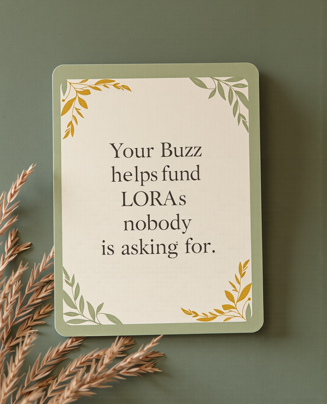 photo of an Affirmation card that says "Your Buzz helps fund LoRAs nobody is asking for.", the card is beige and forest green
