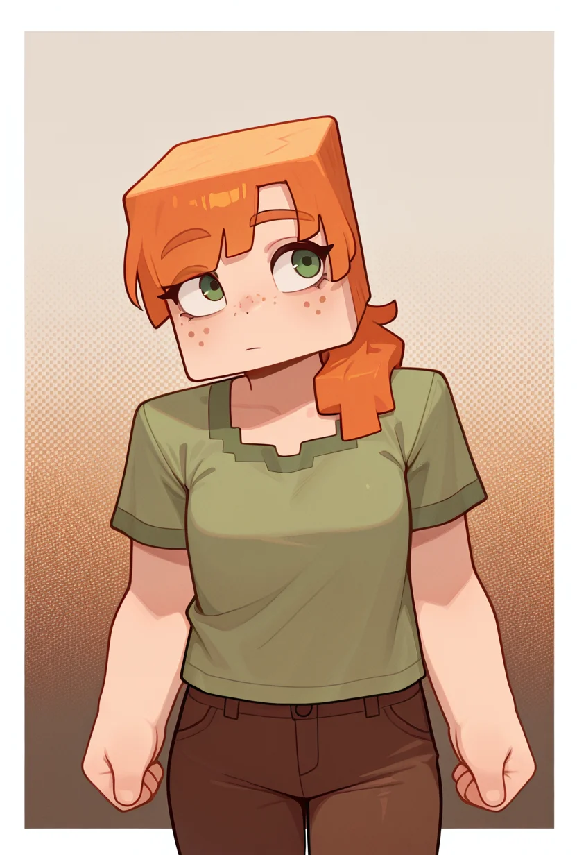 <lora:alexmc-05:1> alexmc, orange hair, 1girl, solo, green eyes, green shirt, brown pants, short sleeves, freckles, square body, masterpiece, best quality, amazing quality, very aesthetic, absurdres, newest,, upper body, halftone effect, white borders, abstract background:1.2,