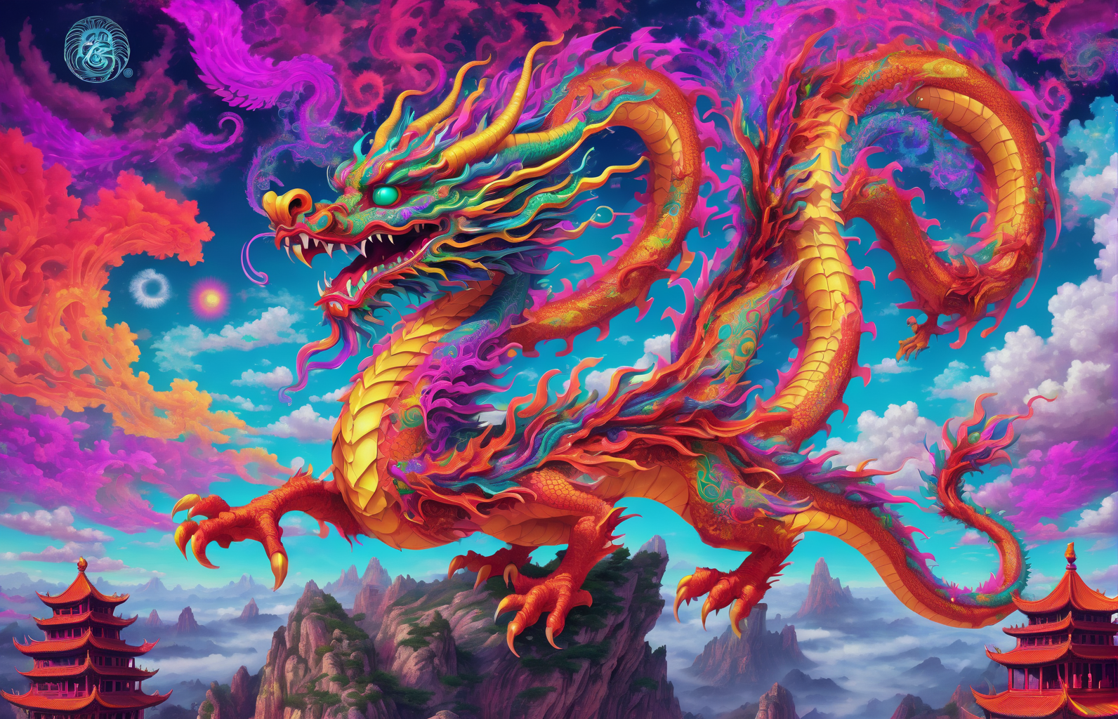 <lora:ge0g1yph1ks:0.25>ge0g1yph1ks flying chinese dragon in a psychedelic fractal sky psytrance