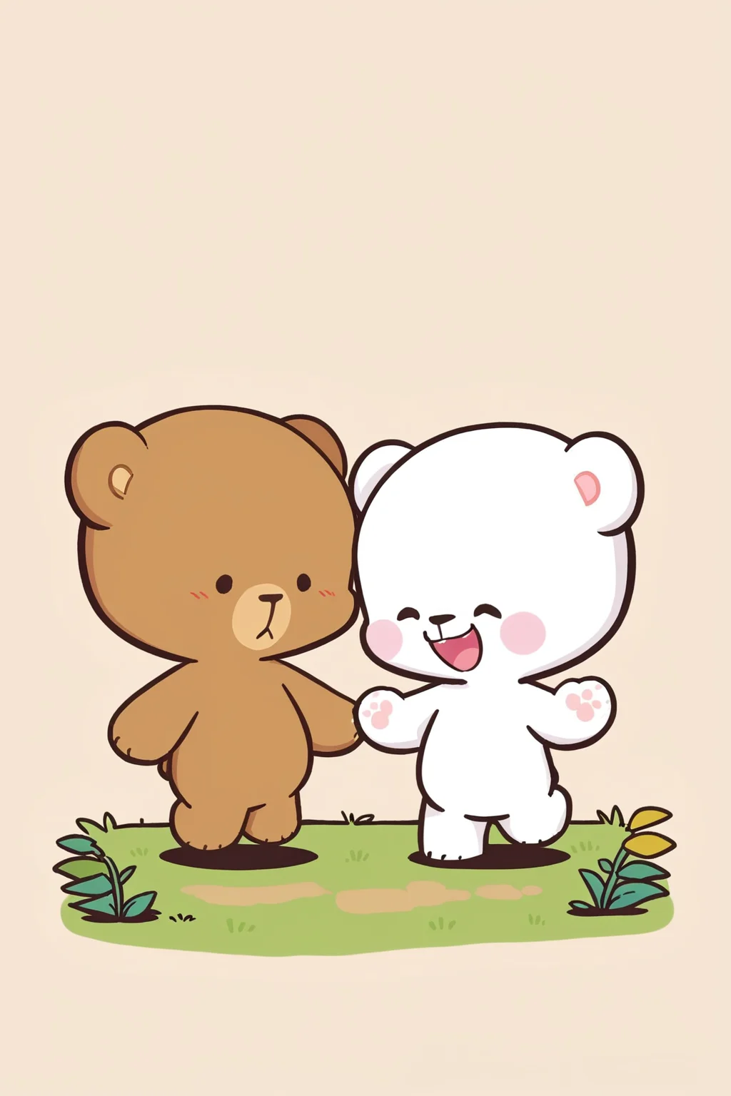 zPDXL,  <lora:Character_Milk_and_Mocha:1>, cute, chibi, mocha (brown bear), milk (white bear), simple background, 2boys, hiking, moutain, happy