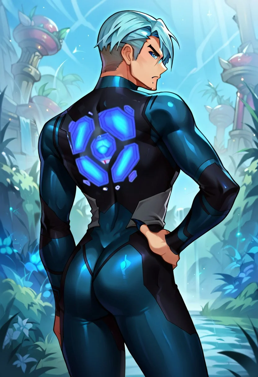 score_9, score_8_up, score_7_up, source_anime, dark samus, outdoors, male focus, solo, claws, hand on hip, day, zero suit, thighs, mole under mouth, from behind