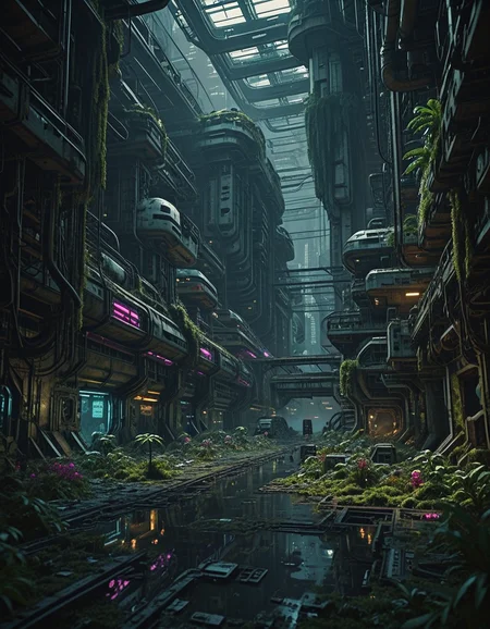 <lora:SWL_Underground1illb:1> swlu1, cyberpunk, underground, futuristic, abandoned, photo of underground sci-fi megastructure, low angle, massive scale, overgrown vegetation, vines and moss, abandoned tech city, neon lighting, pink and cyan glows, flooded floor with reflections, volumetric lighting, god rays, cinematic depth, cyberpunk decay, futuristic jungle, hanging cables, sharp modular architecture, industrial ruin, hidden dwellers, dramatic atmosphere, cinematic, dark, night, dark ceiling