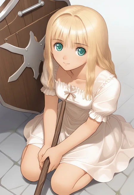 hortensia,score_9,score_8_up,score_7_up,source_anime,best_quality,masterpiece,super_fine_illustration,8k,1girl,solo,adorable_girl, white sundress, kneeling, blonde, high angle, feet, looking aside, solo, (((medieval helmet, grabbing a wooden stick, wooden shield))), smile, closed mouth, girl, bedroom, green eyes, aqua eyes