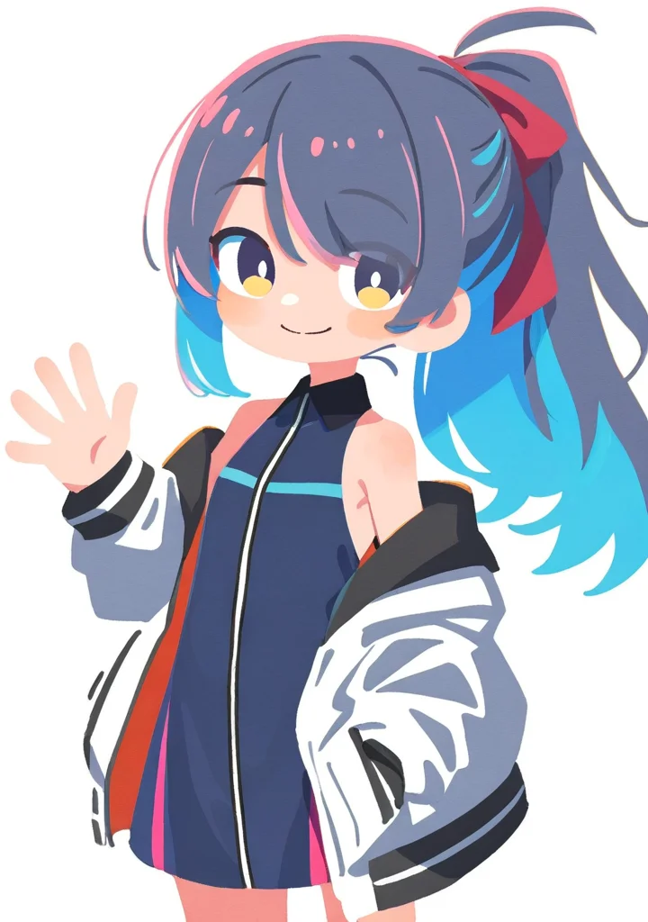 masterpiece, best quality, very aesthetic BREAK no lineart, 1girl, solo, eyes visible through hair, blue hair, long hair, jacket, ponytail, smile, bare shoulders, off shoulder, looking at viewer, multicolored hair, bangs, sleeveless dress, white background, waving
<lora:noob05-shunsuke-unet only-feb25v4-step00002464:1>