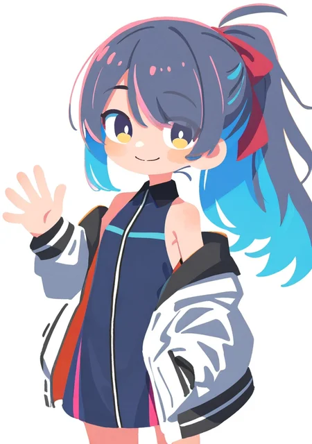 masterpiece, best quality, very aesthetic BREAK no lineart, 1girl, solo, eyes visible through hair, blue hair, long hair, jacket, ponytail, smile, bare shoulders, off shoulder, looking at viewer, multicolored hair, bangs, sleeveless dress, white background, waving
<lora:noob05-shunsuke-unet only-feb25v4-step00002464:1>