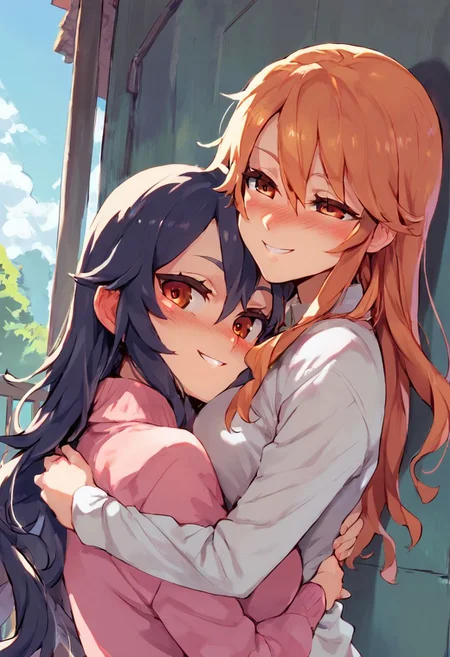 score_9, score_8_up, score_7_up, Asanagi Style, 2 girls, hug, long hair, blush, smile, shirt, long sleeves, Expressiveh
