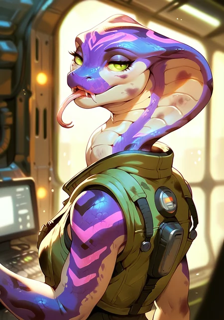 score_9, score_8_up, score_7_up, score_6_up, score_5_up, score_4_up,, female,purple scales, big half closed eyes, , glowing stripes,exoskeleton,cute ,snake alien pilot, dirty skin,tongue,scifi,dirty clothes, wearing futuristic vest and jumpsuit, cleavage ,cartoon, detailed, , detailed, beautiful, soft lighting,vivid colors,soft lighting, dark spaceship corridor background, starfinder,small chest , working on computerterminal, indoor , sharp teeth, from behind, closed mouth , snake body, solo
<lora:EnvyBetterHiresFixXL01:1>,<lora:add-detail-xl:0.75>,<lora:extremely_detailed:0.75>,<lora:EnvyVividXL01:0.45>,<lora:ToraFurry_XL_PonyV6_p1-t1:0.9>