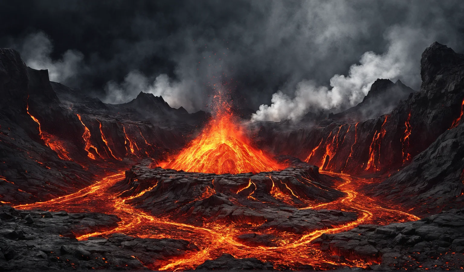Scene concept, lava field, 3D rendering, super clear details, masterpiece, high quality, unmanned, fire, landscape, lava, outdoor, obsolete, smoke, sky, rock, clouds, ruins, darkness, splattered magma, pit<lora:ç岩ä¹å°:0.8>