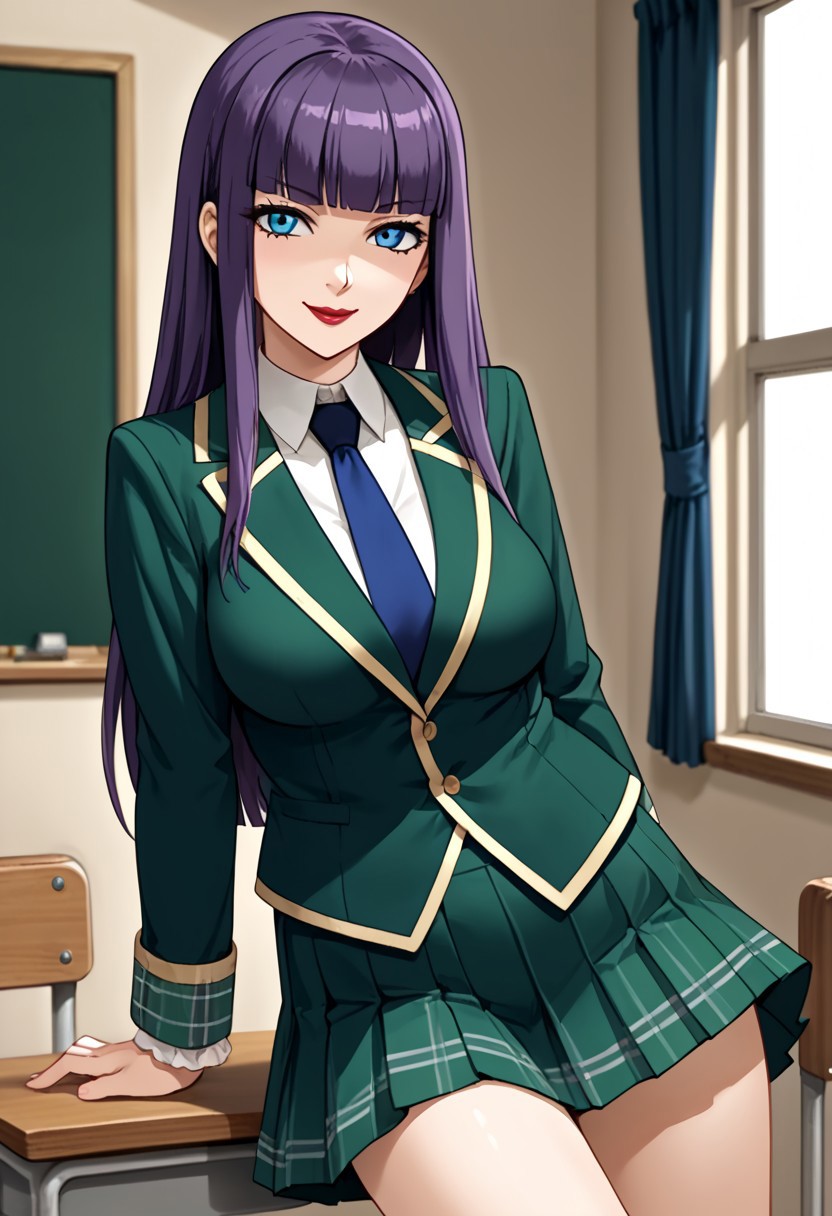 score_9,score_8_up,score_7_up,source_anime,5_figner,2d_animation,game cg,BREAK,1girl,solo,Loretta Lecarde,purple hair,blunt bangs,hime cut,blue eyes,long hair,red lips.ST school uniform,pleated skirt,school uniform,shirt,green blazer,blue necktie,red skirt,
medium breasts,smile,front view,cowboy short,looking at viewer,
school,class room,desk,chair,blackboard,window, 
masterpiece,best qualit,ultra-detailed,illustration,an extremely delicate and beautiful,beautiful detailed eyes,unity 8k wallpaper,high resolution,anime CG,official_art,