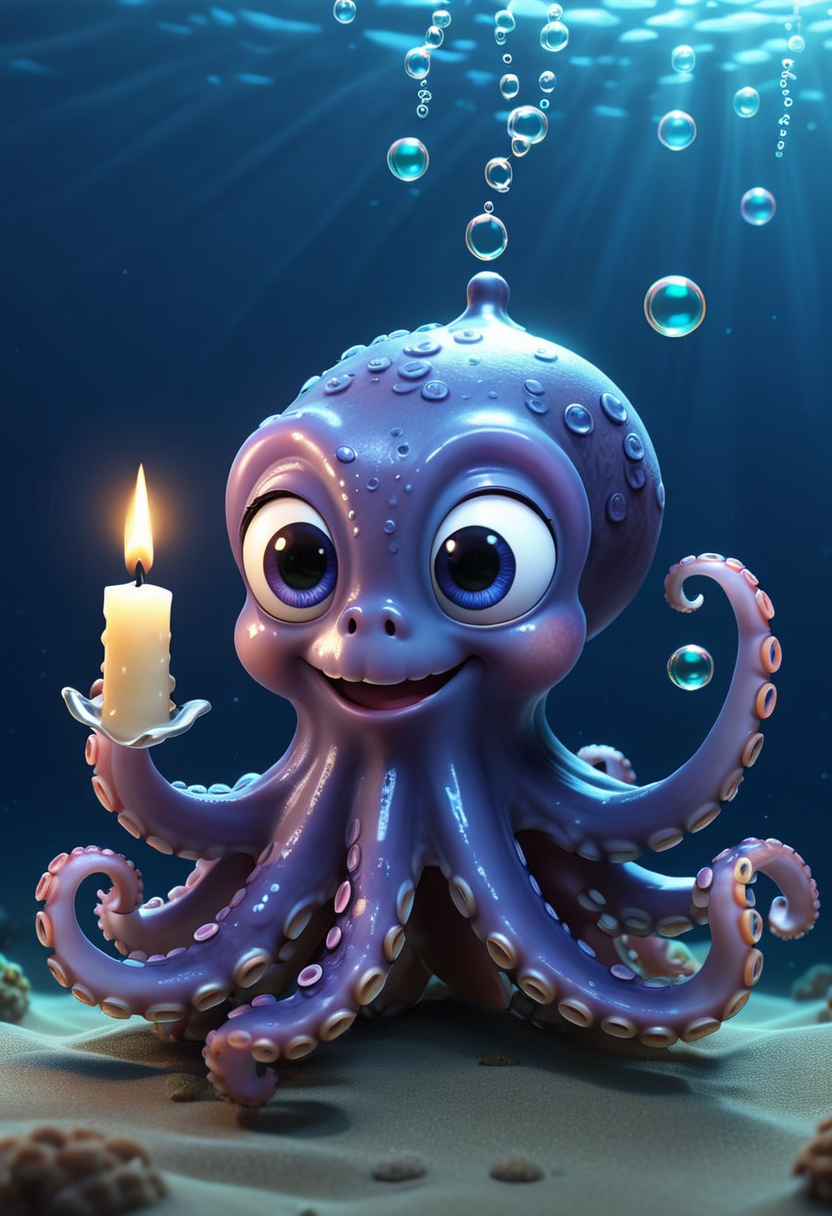 pixar style of a octopus, tinny cute, ((( luminous))), in the ocean, holding a candle , bubbles, smile, high detailed, photorealistic, 8k