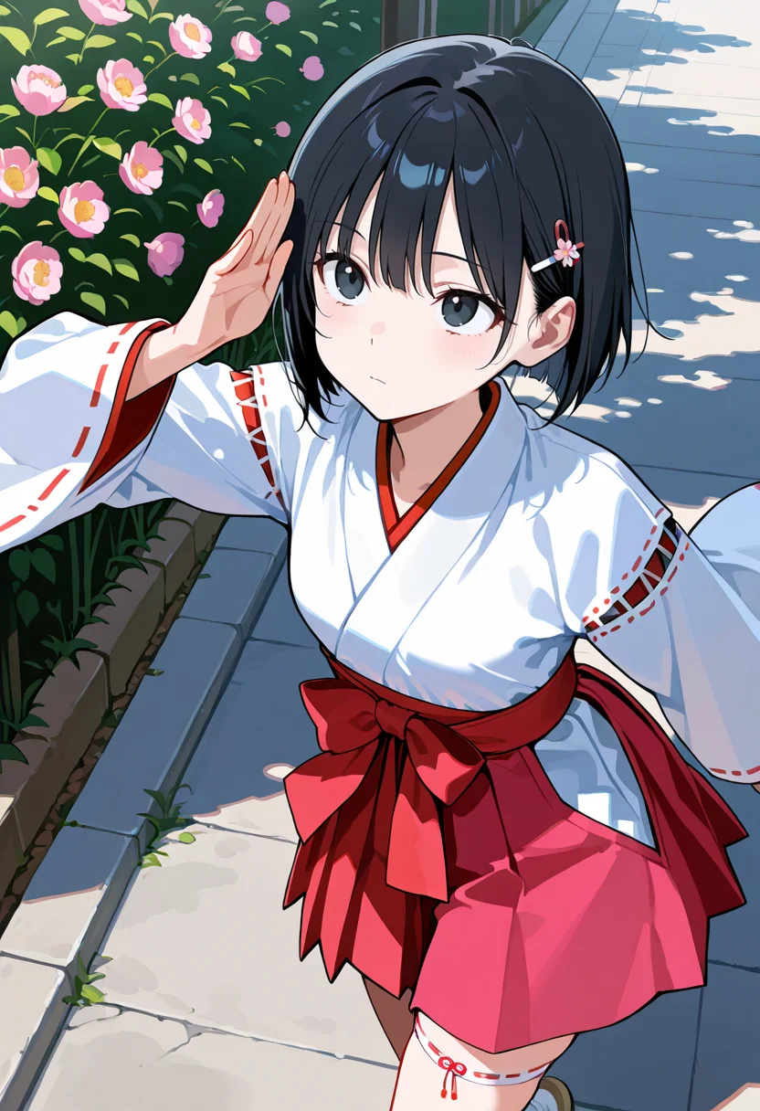 best quality, amazing quality cowboy shot, simple background,((outlined outlined vector graphics)), beautiful scenery, from above , looking up ,
1girl, 20yo, black hair, black eyes, short bob hair, hair pin,small breast, slender,(white thigh strap:1.1), cute face,
pink clothes, pink skirt, expressionless , , miko , miko-cosplay , , running , , action pose , , kawaii, flowers, <lora:miko-cosplay-il-01:0.8>