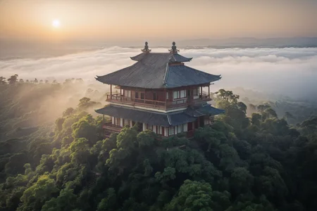 a small building in the middle of a forest with fog in the air and a sun setting behind it, David Martin, mystical, sumatraism, award-winning photograph, naturalism, insane details, cinematic light, detailed, color grading, sunrise <lora:Instant_landscaper_XL:0.7>