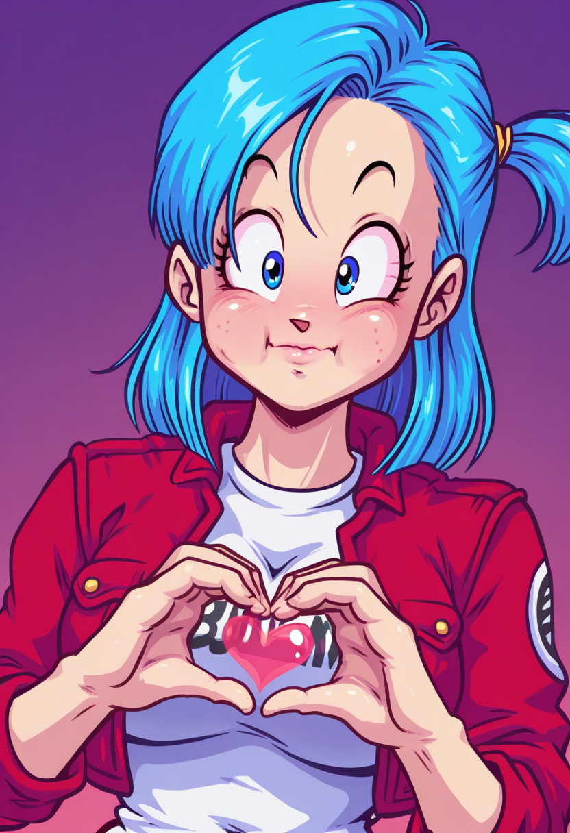 55Mstyle, gonzossm style,  masterpiece, best quality, solo,  bulma, blue hair, blue eyes, red jacket, white spandex, cheeks puffed out,  heart hand