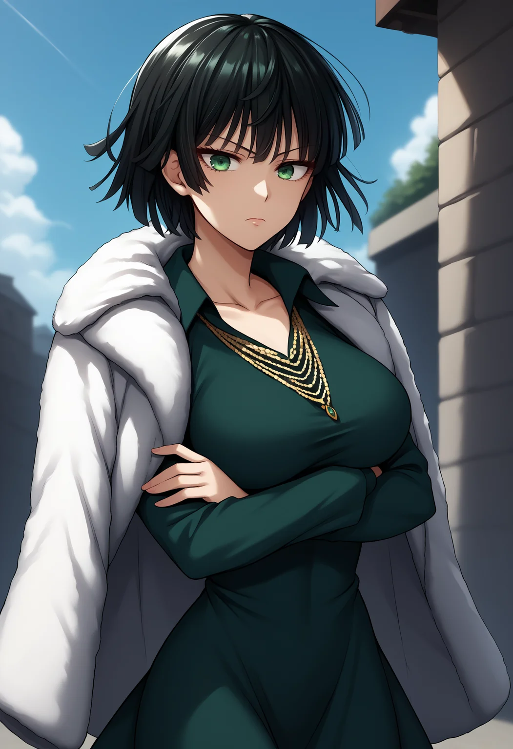 score_9, score_8_up, score_7_up, source_anime, BREAK <lora:EPopmFubukiPony-04:1> , 1girl, EPopmFubuki, black hair, short hair, green eyes,
blue sky, coat, long sleeves, outdoors, collarbone, crossed arms, large breasts, day, necklace, jewelry, dress, fur coat, green dress, sky