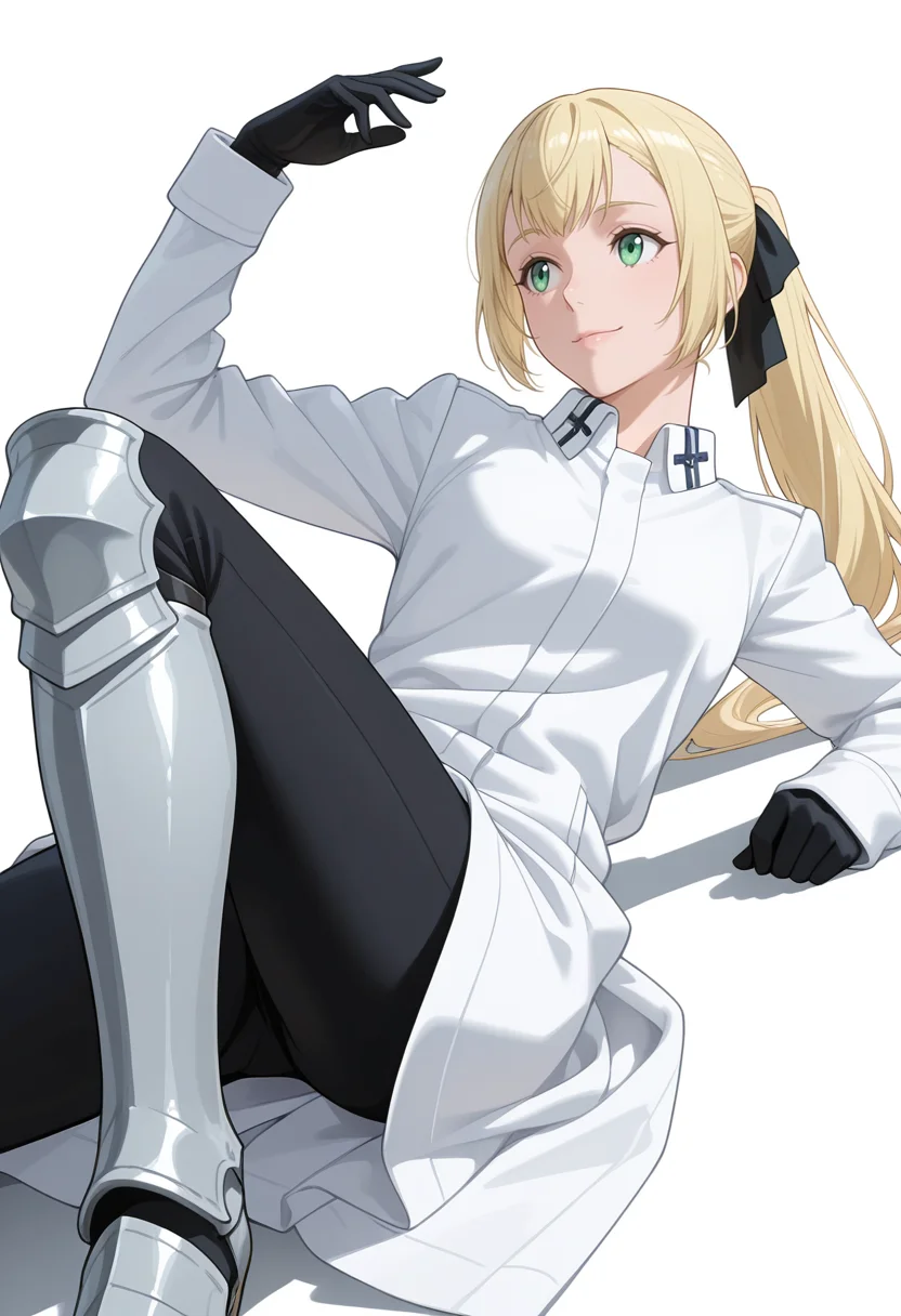Smooth Quality,masterpiece,very intricate, high quality details, ultra realistic, high detailed skin,detailed enviorement,absurdres,
simple background, white background,
dutch angle,reclining, one leg over other, arm on backrest, calm, composed, ,happy,
<lora:Rituscnn:0.8> rituscnn, 1girl, blonde hair, green eyes, long hair, ponytail,shirt, white shirt, coat,black gloves, hair ribbon,armored boots,