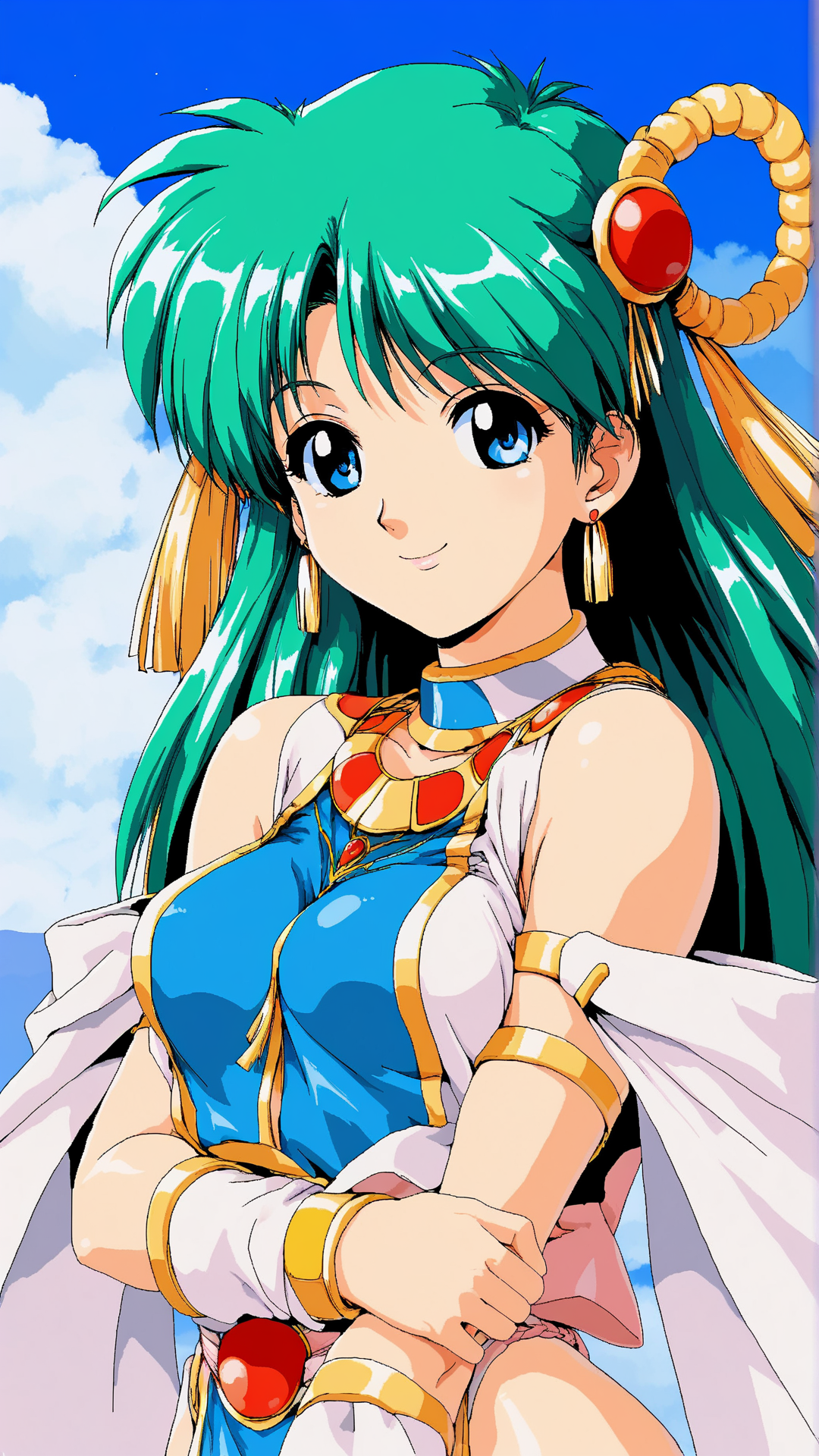 score_9, score_8_up, score_7_up, BREAK source_anime, best quality, masterpiece, uncensored,ultra detailed, 
 1girl,smile, shiny skin,
<lora:swatty_xl6:1> swatty, long hair, green hair, blue eyes, hair ornament, medium breasts, boots, pelvic curtain, armlet,1990s \(style\),
upper body,