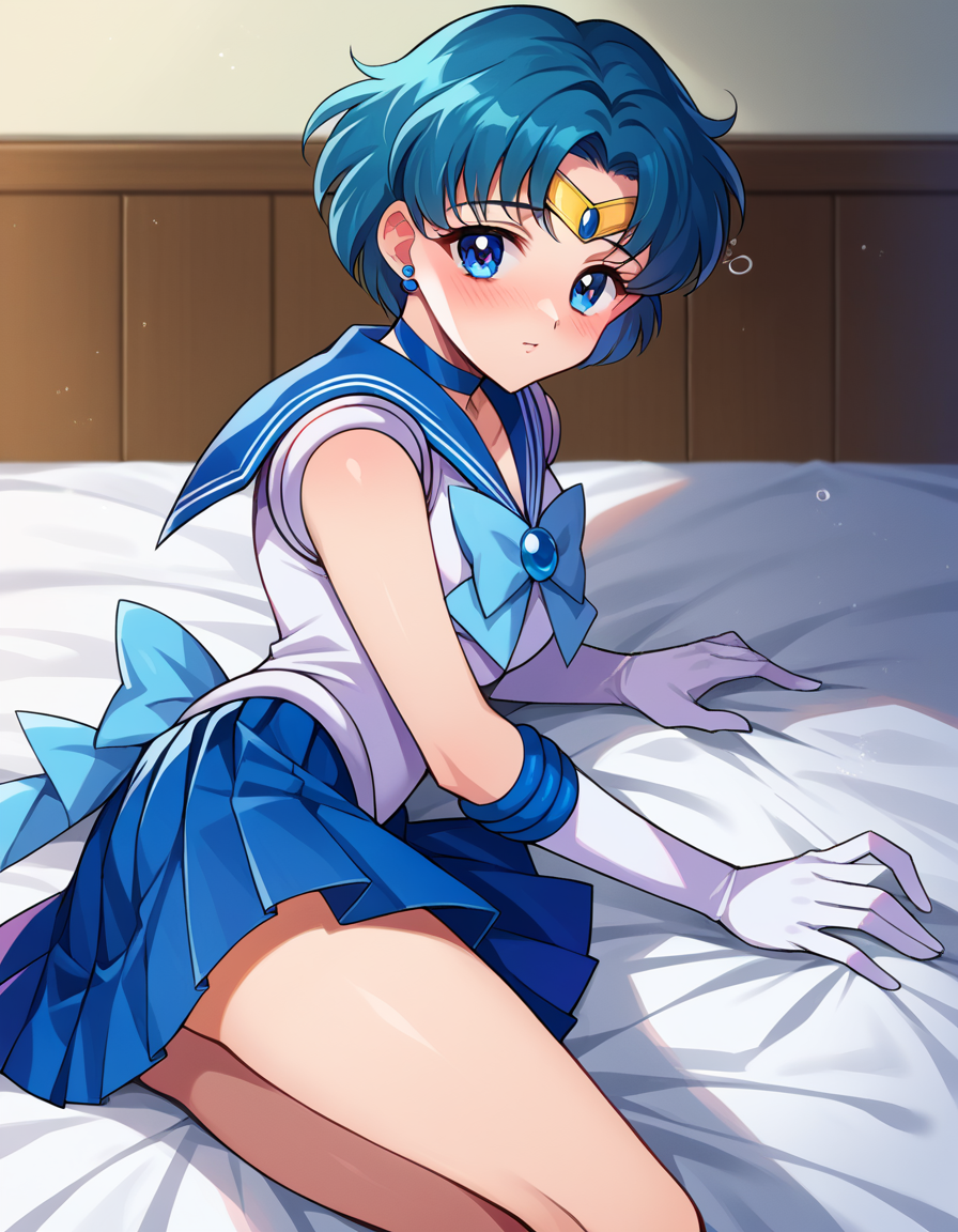 score_9, score_8_up, score_7_up, source_anime,
sailormercury, <lora:sailor-mercury-ponyxl-lora-nochekaiser:1>
sailor mercury, blue eyes, blue hair, short hair, parted bangs,
back bow, blue bow, blue choker, blue sailor collar, blue skirt, bow, choker, earrings, gloves, jewelry, magical girl, miniskirt, pleated skirt, sailor collar, sailor senshi uniform, skirt, stud earrings, tiara, sleeveless,
indoors, bed, bed room, on side, blush, drunk,
looking at viewer, cowboy shot, dutch angle,