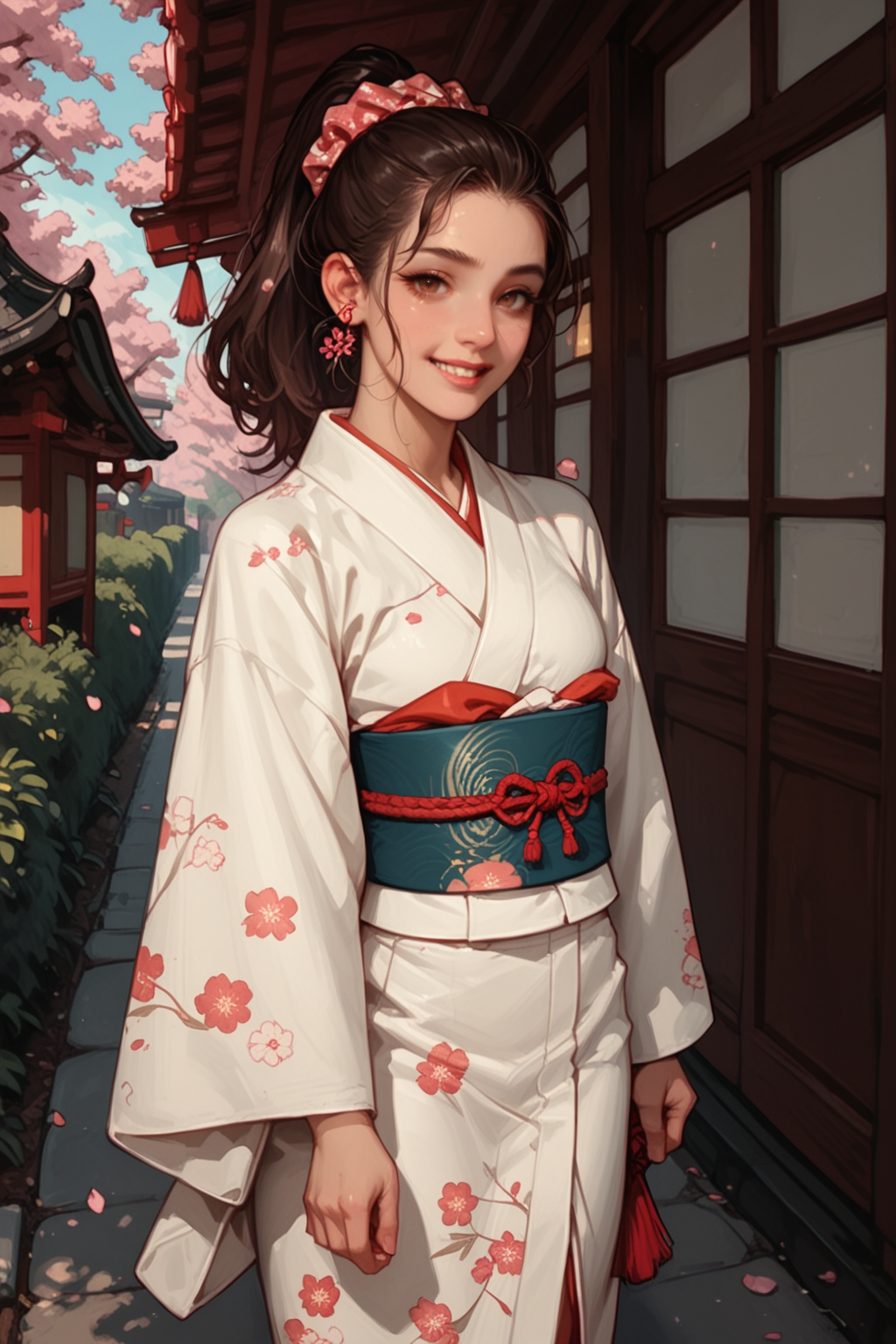 1girl, japanese clothes, solo, kimono, brown hair, tree, brown eyes, outdoors, sash, floral print, smile, obi, looking at viewer, hair ornament, scrunchie, ponytail, white kimono, bush, wide sleeves, hair scrunchie, cherry blossoms, standing, low ponytail, path, zPDXL3, detailxl,  Score_PnyReal