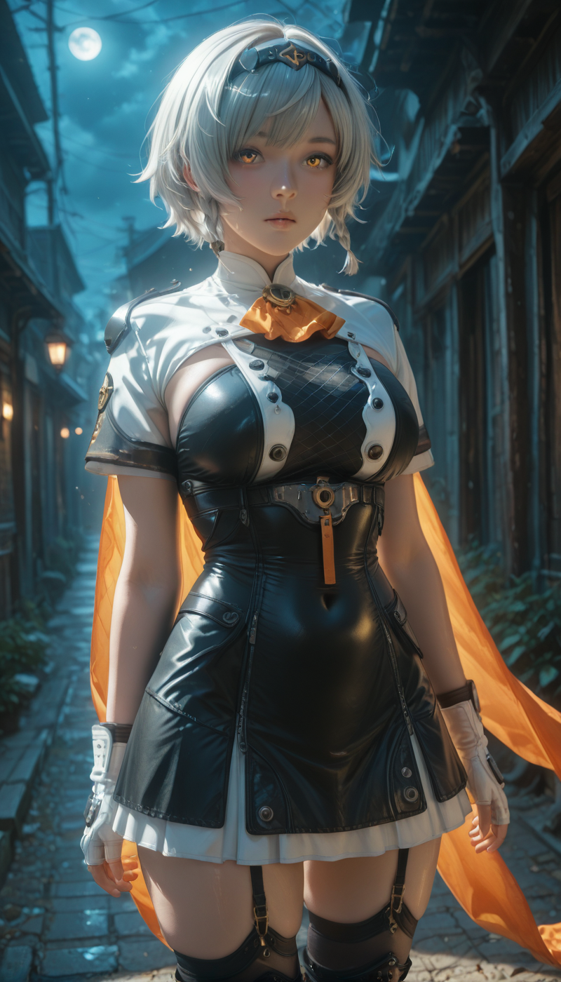<lora:LCMTurboMix_Euler_A_fix:1> <lora:example_SDXL:0.3>, EZRealPONYXL, <lora:Dramatic Lighting Slider:3>  <lora:realistic filter [IL]:1>
DSLR,realistic,cosplay photo, (very awa,masterpiece,best quality,year 2024,newest,absurdres,highres:1), realistic,skin texture,facial features, photography shot with Canon EOS 5D Mark IV , realistic, RAW, best quality, masterpiece, amazing quality, skin details,
1girl, highly detailed beautiful face, large natural breasts,
detailed background, shiny skin, dutch angle, night, moonlight,
beautiful detailed eyes, intricate details, absurdres, anime screencap,
<lora:Anby_damara_ZZZ_ILXL_kill0825:1>
ZZZAnby, short hair, yellow eyes, white hair, grey hair, braid, orange eyes, parted lips,
skirt, hair ornament, gloves, dress, thighhighs, short sleeves, thighs, pleated skirt, boots, black thighhighs, white gloves, black dress, zettai ryouiki, thigh strap, skindentation, white skirt, shirt, braid, hairband, belt, miniskirt, fingerless gloves, cape, covered navel, underbust, yellow cape, ascot, sideboob, black hairband, eyes visible through hair, high-waist skirt, orange scarf, orange ascot,
dynamic pose. Looking at viewer, cowboy shot.
