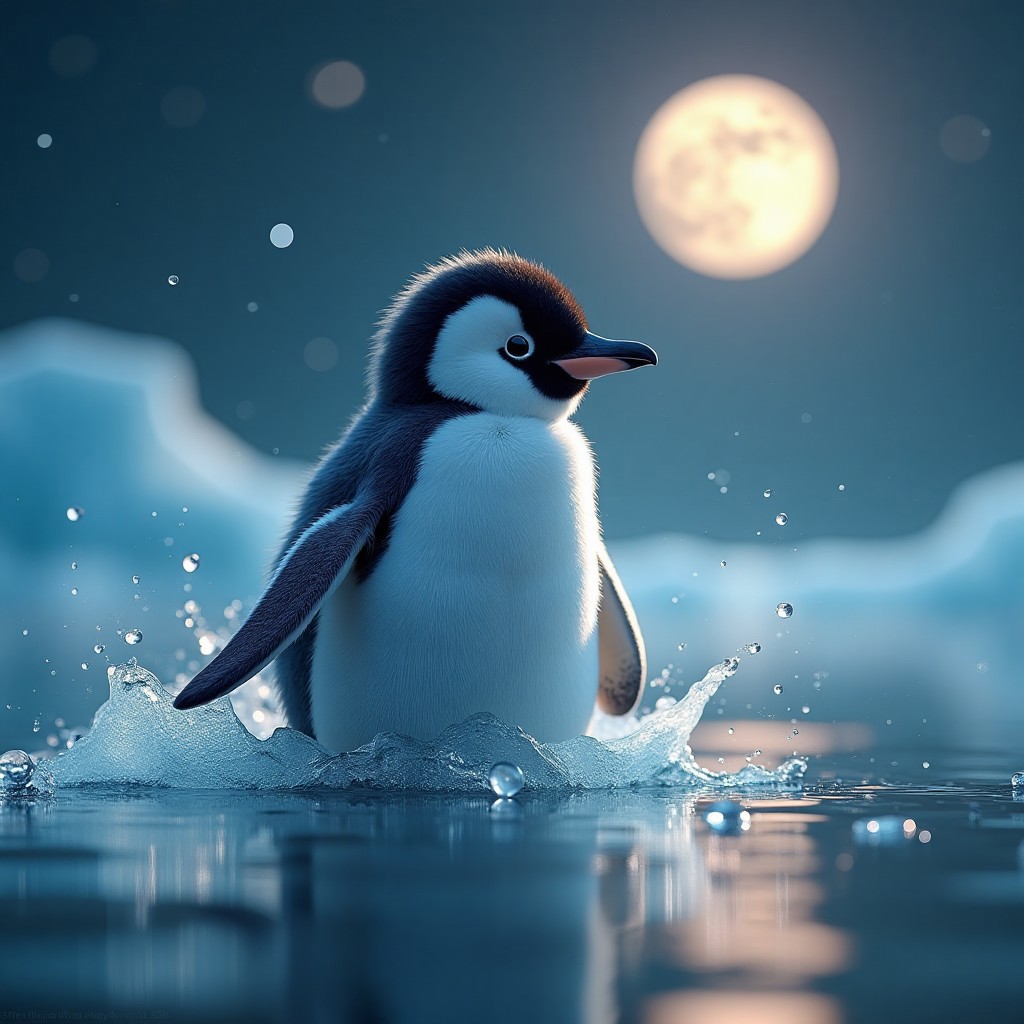 Wonderful, cute and cute image. Imagine a whimsical scene where a playful baby penguin glides smoothly through the moonlit frozen water.  