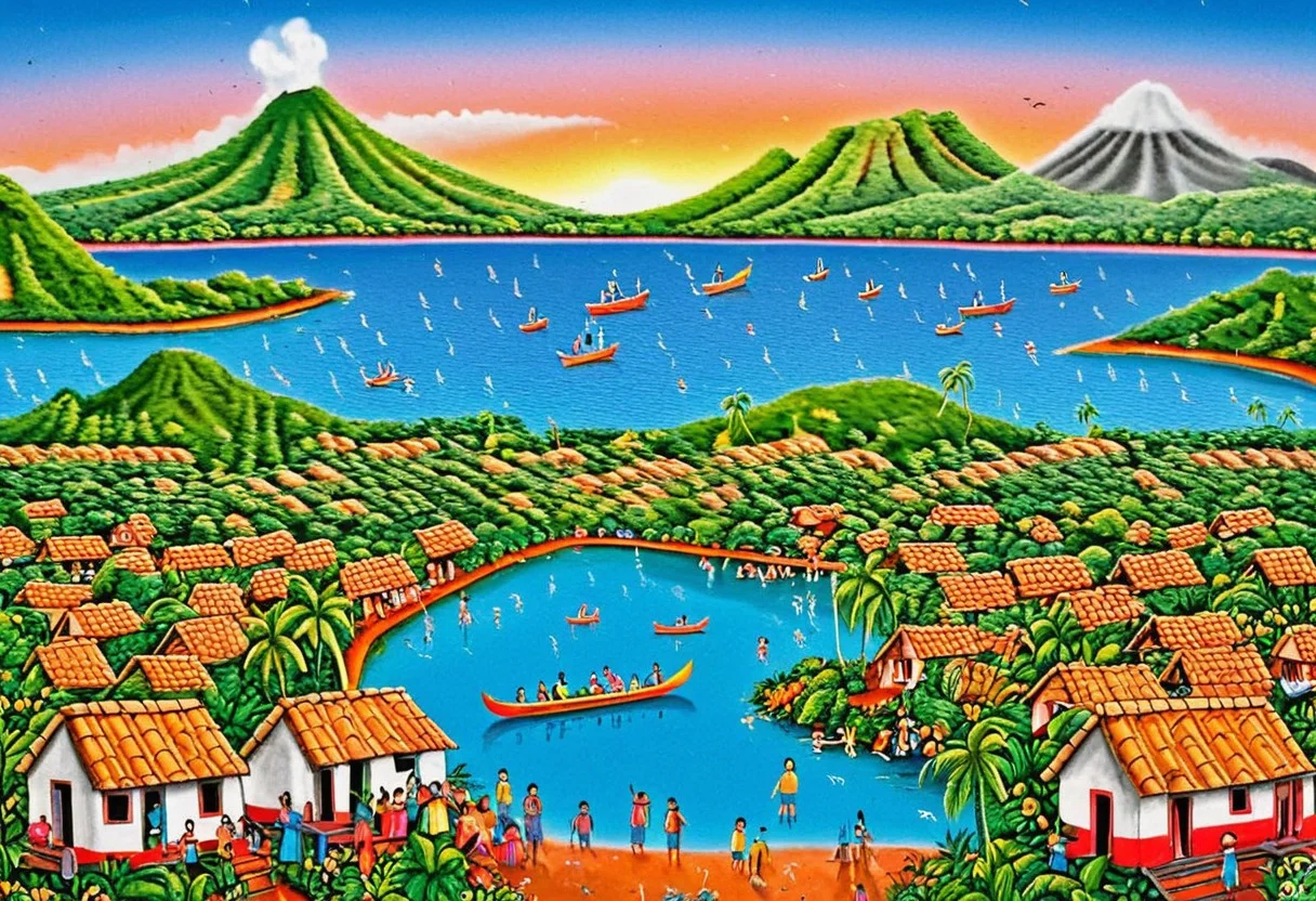 small village with many people in the street, infront of a lake and volcano, birds in the sky, canoes, sunset (Nicaragua Primitivism), high detail