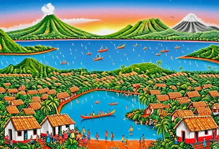 small village with many people in the street, infront of a lake and volcano, birds in the sky, canoes, sunset (Nicaragua Primitivism), high detail