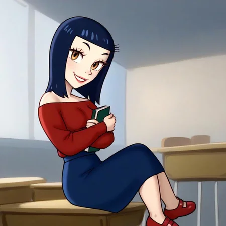LesDnkl_TP, 1 girl, solo, blue hair, shoulder length hair, long eyelashes, red long sleeve shirt, blue skirt, red shoes, holding book in arms, looking at viewer, sitting on desk, seductive, teasing, flirting, smiling,