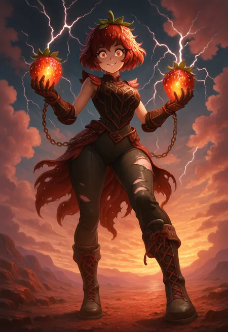 masterpiece, best quality, solo, curvy, beautiful eyes, narrow waist, wide hips, 1girl, solo, smile, looking at viewer, dynamic angle, foreshortening, close up,       strbrry, <lora:StrawberryWorldMorph_IXL_v1:1.0>,[Stormcall Seer], wind-torn mantle with storm cloud embroidery, lightning-laced boots, sleeveless top crackling with arcs, gauntlets with thunder runes, chain of glass beads crackling with charge, hair in constant motion, cliffside above storming sea, hand raised to sky, wild-eyed expression,