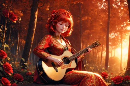 professional 3d model portrait, wide shot, cute magic_girl, ginger cut hair with red flowers, closed eyes, slightly smiling, wearing expensive ornamented outfit, sitting and playing on vintage_guitar in the magic forest, sunset, 8k, intricate details
<lora:quality1:1> <lora:FeyAndFairies:0.3> <lora:add_detail:1> <lora:rose_storm:0.8> . octane render, highly detailed, volumetric, dramatic lighting
