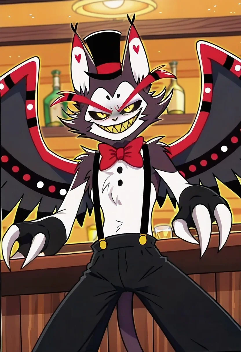 Husk(hazbin hotel), heart ear detail, bowtie, top hat, sharp teeth, black sclera, yellow eyes, long red eyebrows, tail, wings, sharp teeth, black sclera, yellow eyes, tail, wings, suspenders, animal ears, grin , traditional bowtie,claws,2arms and 2legs, screencap, anime coloring, official art, male focus, solo focus, from below, black pants, looking down at viewer,  in a bar, leaning back against bar, 4 fingers, below view