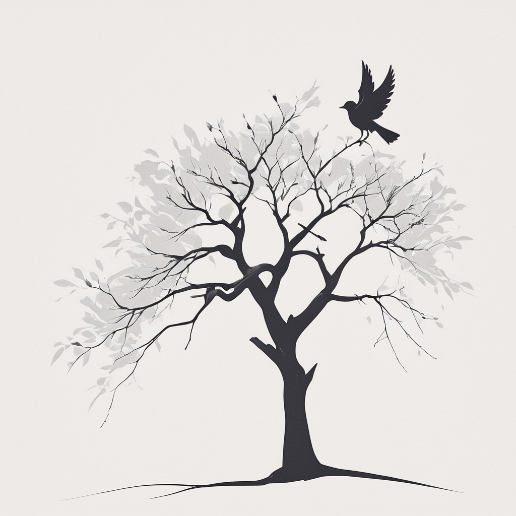 Minimalist Vector Art, ArsMJStyle, The image shows a black and white silhouette of a tree with bare branches extending upwards. A single bird is perched on one of the branches, its wings slightly open as if ready to take flight. The background is plain white, emphasizing the stark contrast. The overall mood is serene and contemplative, tree, bird, silhouette, monochrome, greyscale, nature, simple background, white background.  <lora:Minimalist_vector_artSDXL:1>