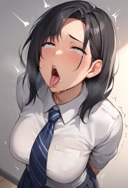 source_anime,mature female, score_7_up, , masterpiece, 1girl, school uniform, black hair, brown eyes , medium hair, focus on face, <lora:ohogao_PonyXL_v2:1> , ohogao, teary-eyed, drool, half-closed eyes, trembling, rolling eyes, open mouth, tongue out, from an angle