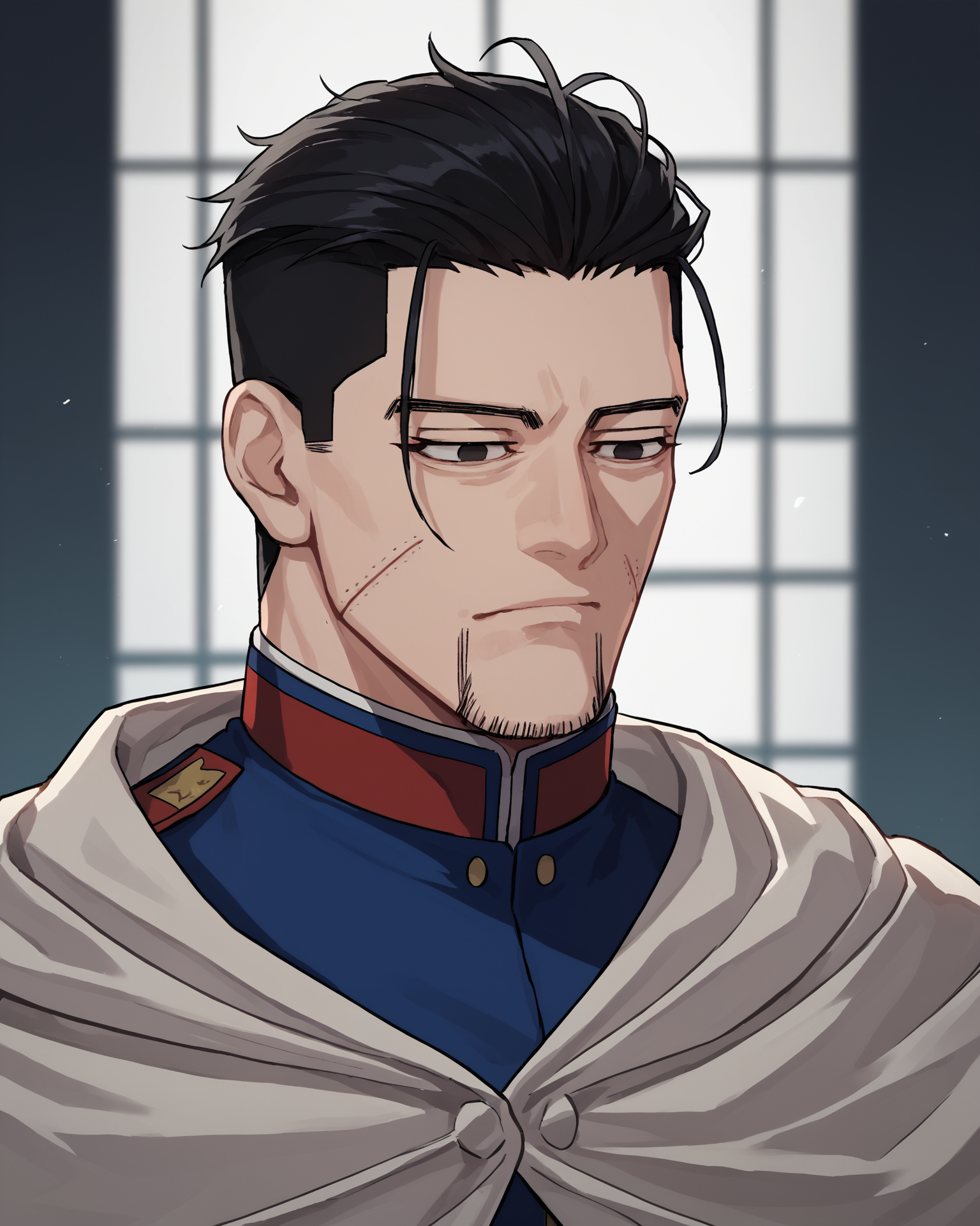 dark and unsettling dream showing score_9, score_8_up, score_7_up, score_6_up, 1boy, mature male, 0gata, black hair, black eyes, facial hair, facial scars, portrait, masterpiece, military uniform, blue jacket, cape, dark, intense shadow, moody. best quality, high resolution. created by genius but depressed mad artist. grim beauty