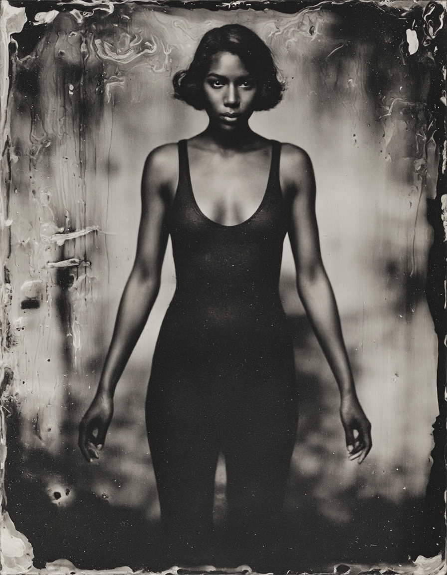 wetplatecollodion photo of woman wearing bodycon dress,
border, blurry, swirls, washed out, textured, smears