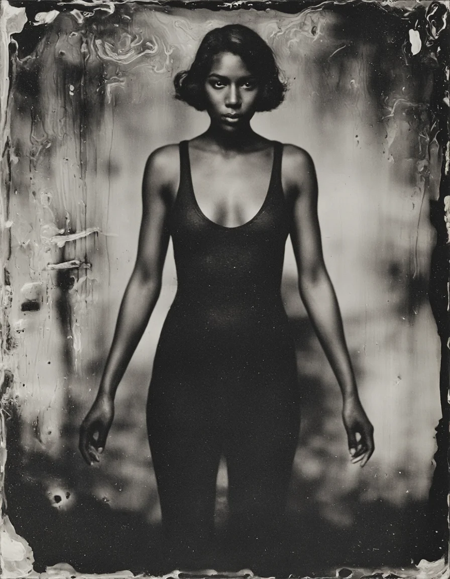 wetplatecollodion photo of woman wearing bodycon dress,
border, blurry, swirls, washed out, textured, smears