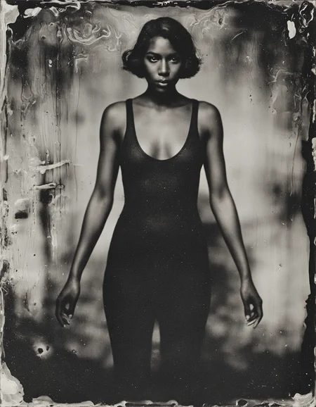 wetplatecollodion photo of woman wearing bodycon dress,
border, blurry, swirls, washed out, textured, smears