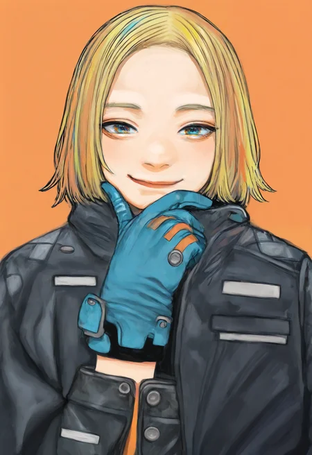 solo, 1girl, blonde hair, gloves, looking at viewer, simple background, short hair, jacket, smile, black jacket, upper body, orange background, blue gloves, hand on own chin, forehead,
masterpiece, best quality, amazing quality, absurdres, newest, colored pencil \(medium\),
<lora:warashiz:1>,
<lora:lora:0.5>