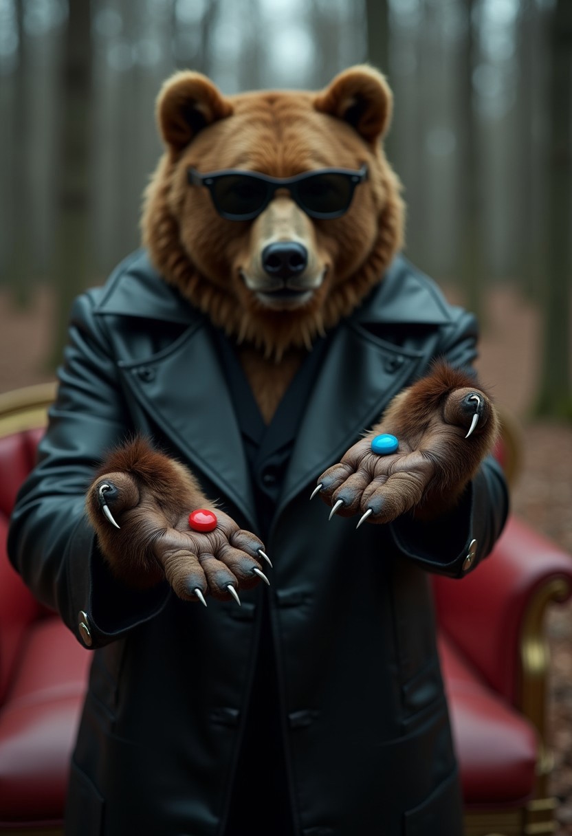 [(extremely Highly Detailed photograph), (outdoor photograph)] ((from behind and over the shoulder of a girl in tight black latex clothing), (A bear is seen wearing small snap-on sunglasses) (and a long black leather trenchcoat), (the bear is facing the viewer) (the bear is holding both of it's paws towards the viewer palm up), (in the palm of the left paw is a red pill), (in the palm of the right paw is a blue pill)),
(( the back of the girl in tight black latex clothing is seen very close to the viewer) (she is looking towards the bear))
[(photograph set in a bleak dystopian forest), ( a worn red leather classic arm chair is also seen in the background)]