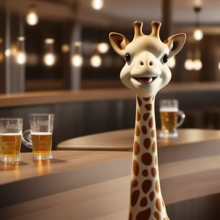 professional 3d model a giraffe animal having a beer in a pub, black eyes, smiles <lora:Sophie1024:0.8> . octane render, highly detailed, volumetric, dramatic lighting