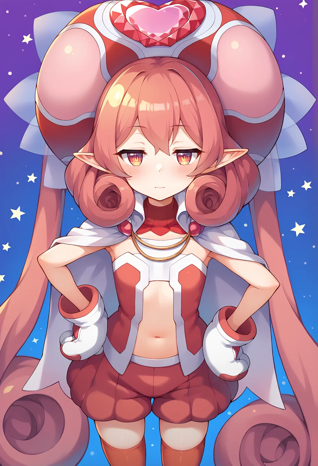 score_9, score_7_up, hd, (ultra hd quality details), source_anime, blue background, pink background, purple background, starry background, bloom, 
solo, 1girl, nenekapcr, pointy ears, very long hair, curly hair, twintails,
nnkdef, red hat, white cape, red shirt, strapless shirt, mittens, navel, puffy shorts, red shorts, red thighhighs,
looking at viewer, blush, half-closed eyes, closed mouth,
standing, from above, hand on hip,
<lora:_neneka_pcr-elesico-ponyr1:1>