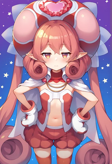 score_9, score_7_up, hd, (ultra hd quality details), source_anime, blue background, pink background, purple background, starry background, bloom,
solo, 1girl, nenekapcr, pointy ears, very long hair, curly hair, twintails,
nnkdef, red hat, white cape, red shirt, strapless shirt, mittens, navel, puffy shorts, red shorts, red thighhighs,
looking at viewer, blush, half-closed eyes, closed mouth,
standing, from above, hand on hip,
<lora:_neneka_pcr-elesico-ponyr1:1>