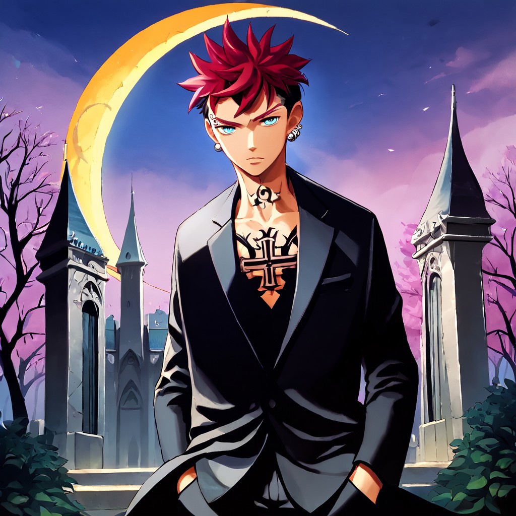 1boy, boy, male, man, Kiyoshi Harai, Twotone hair, two tone hair, red and black hair, blue eyes, tattoos, piercings, rings, hands on pocket, earrings, black suit, black clothing, black clothes, solo, perfect anatomy, detailed face, crescent moon, oldschool anime, 90s anime, church, perfect face, detailed eyes, stylish, black trees, black sky, purple skies, gloomy, dark, dread, black trees, dead trees, dark skies, perfection, perfect, highly detailed, HD, perfect eyes, perfect hands, perfect fingers, perfect anatomy, best quality, masterpiece, detailed, clothing, clothes, graveyard background, purple sky, score_9_up, score_8_up, score_7_up