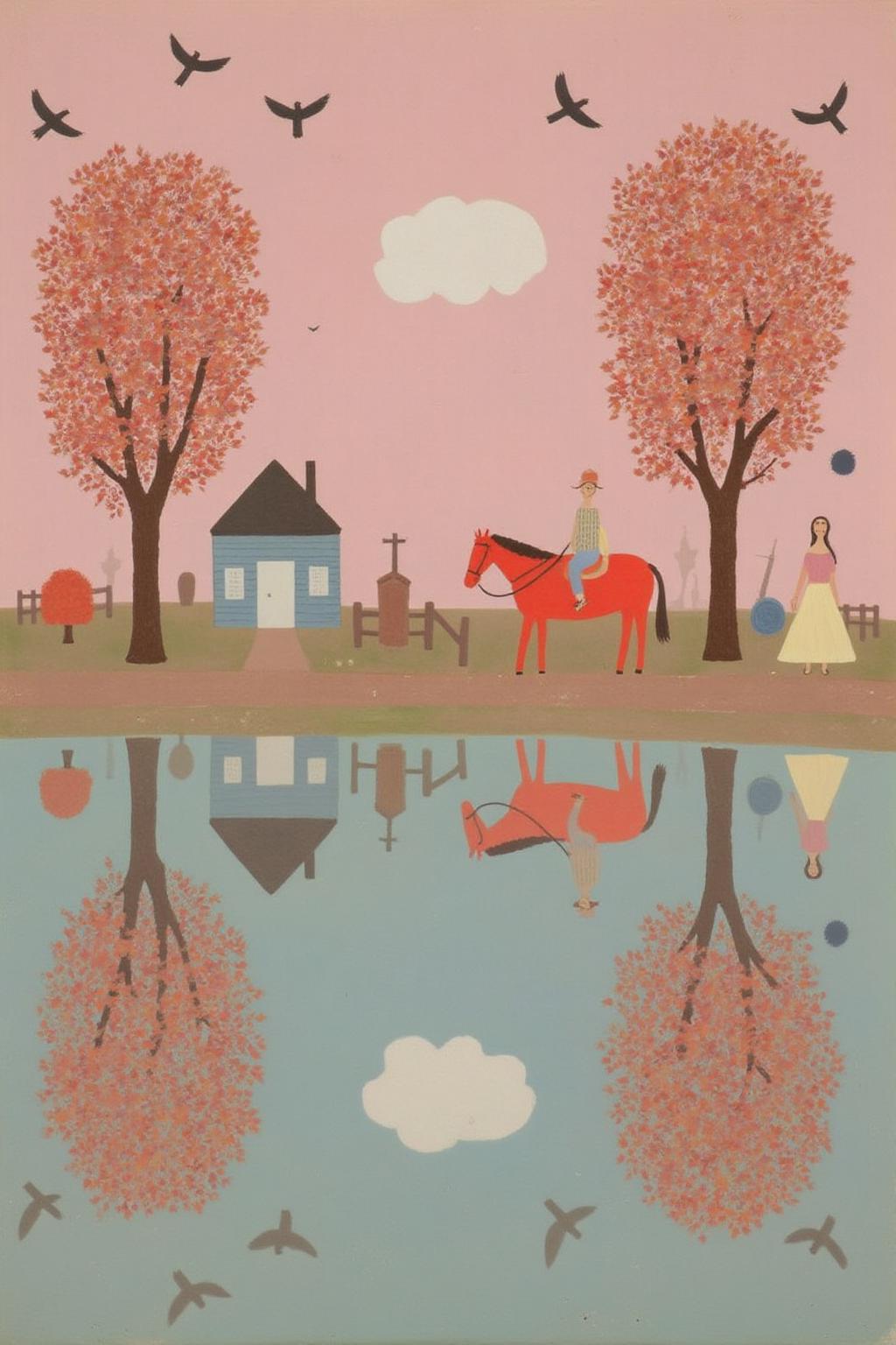 dorislee1 painting.
A pastoral scene with a soft, muted pink sky and a single white cloud in the center. Two trees with branches filled with red and orange leaves flank the scene.
There is a single white cloud in the sky and some birds.  
On the left there is a small house.  
On the right there is a red horse and a woman.  
On the bottom of the image is a body of water, showing the reflection of the trees, the house, the horse, the woman, the cloud and the birds.
 <lora:dorislee1_cap_d6a3:1.0><lora:834814949680357894:0>