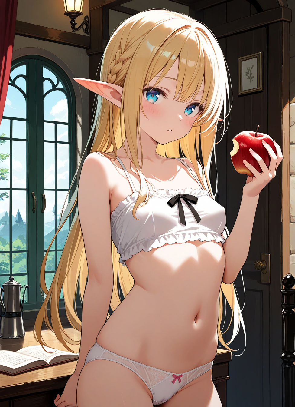 1girl, elf, indoors, crop top, white panties, (cameltoe:0.6), upper body, holding apple,, <BREAK> , masterpiece, amazing quality, best quality, ultra-detailed, 8K, illustration, CG, anime coloring,
