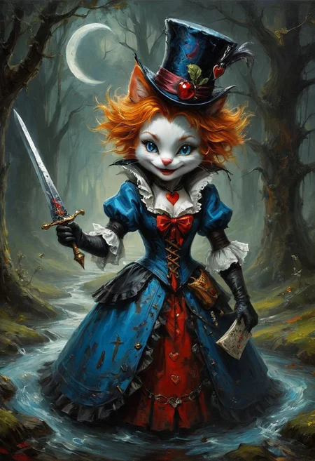 (((action pose, action position:1.5)))
oil painting style,
Imagine Alice plunged into a dark, gothic version of Wonderland, where shadows twist and the air is heavy with menace. Alice wears a tattered blue dress, splattered with mud and blood, her once-bright innocence replaced by a hardened, determined look. Her blade—a vorpal dagger—gleams in her hand. The Mad Hatter is a deranged alchemist, his tea parties laced with sinister potions, while the Cheshire Cat is a spectral being with glowing, otherworldly eyes, its grin a terrifying crescent of sharp teeth. The Queen of Hearts is a cruel sorceress, her court a haunted ruin patrolled by skeletal knights. The landscape is a mix of twisted forests, crumbling castles, and blood-red rivers, steeped in a foreboding atmosphere where every step could lead to danger